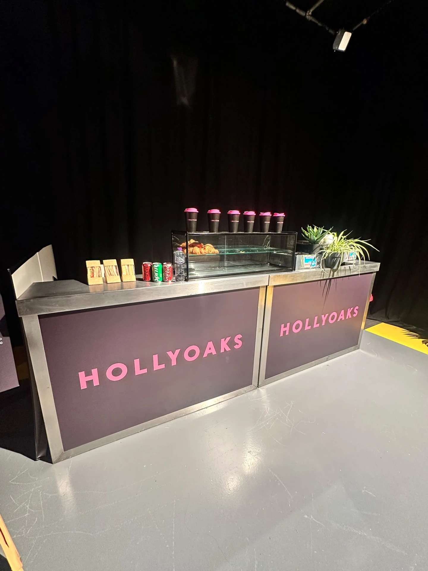 Hollyoaks branded coffee and pastry counter in a television studio