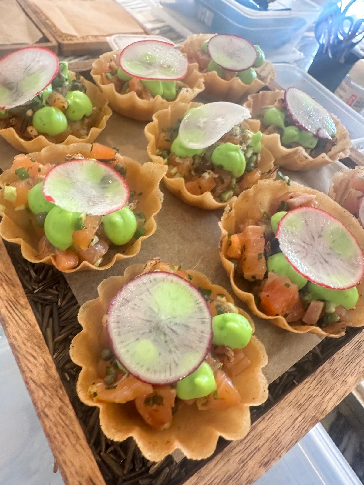 Kilty & Co canapés — salmon tartlets topped with avocado mousse and radish