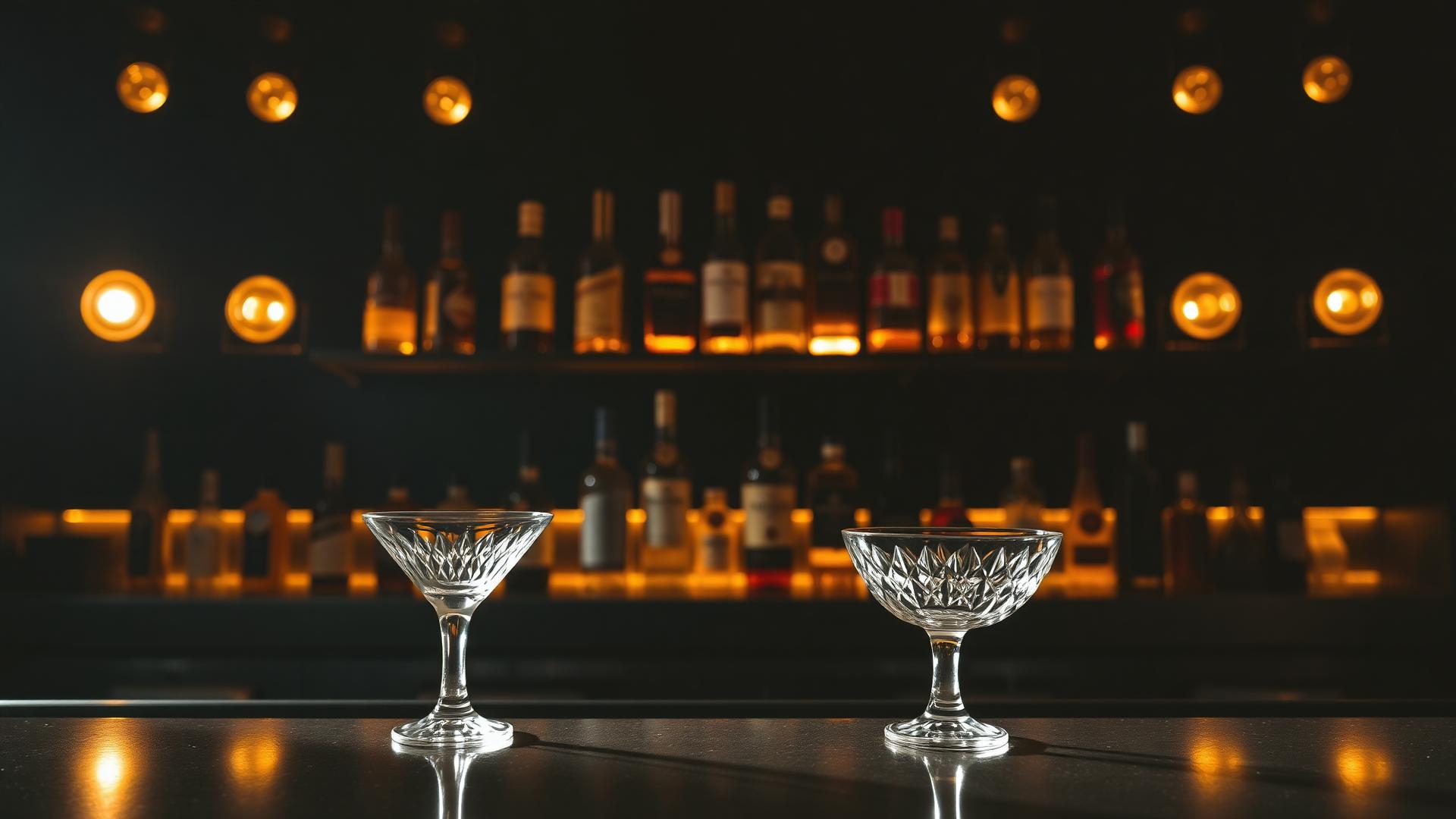 Moody low-lit bar with backlit spirit bottles and crystal coupe glasses