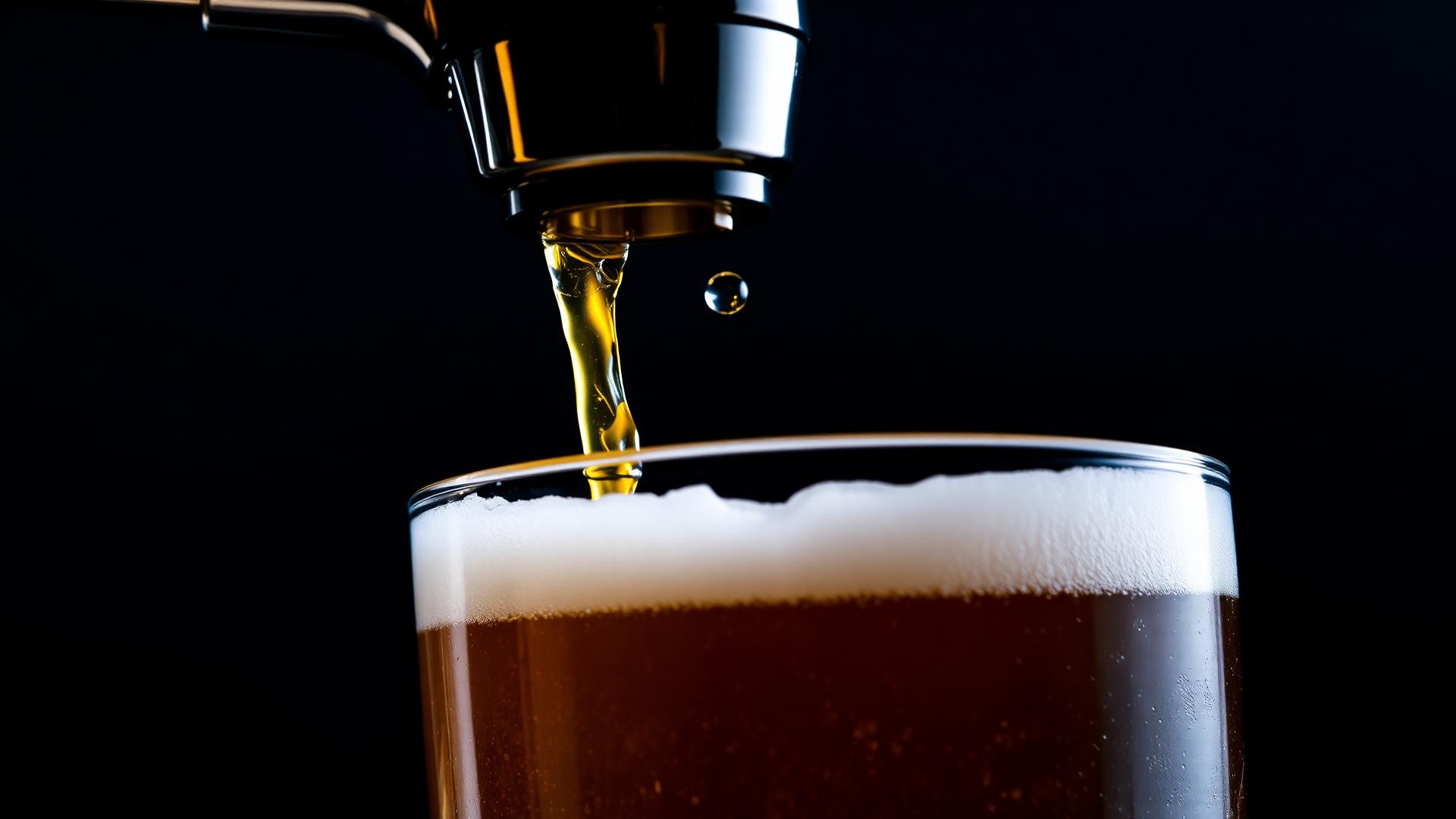 Close-up of a chrome beer tap pouring golden lager into a chilled pint glass