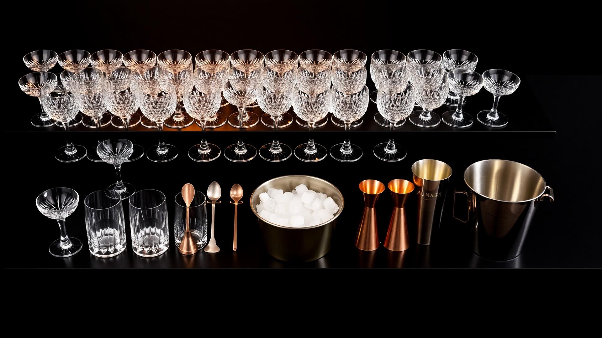 Polished glassware, copper jiggers and bar tools arranged on a dark surface