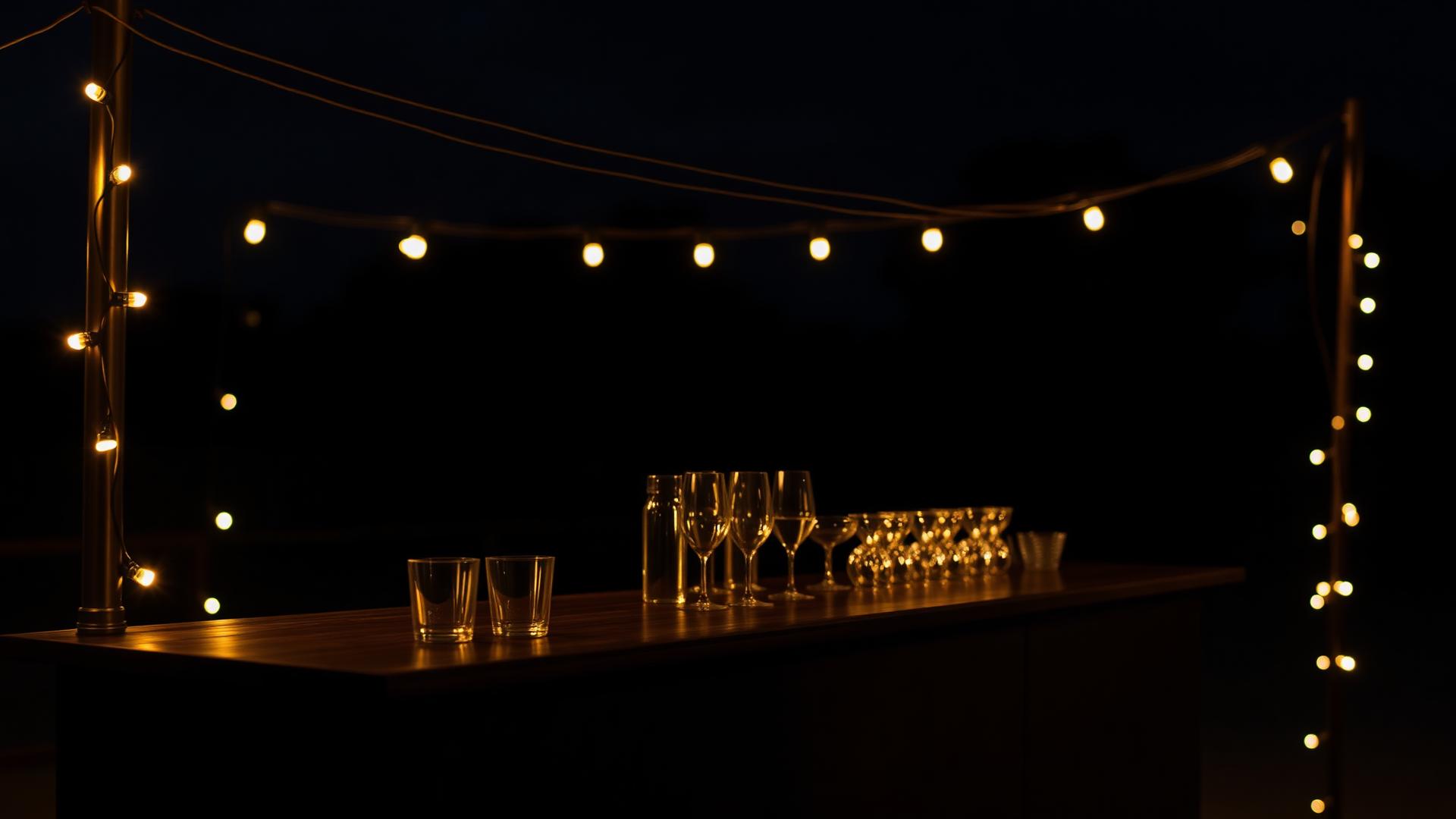 Outdoor timber mobile bar at dusk lit by warm festoon string lights