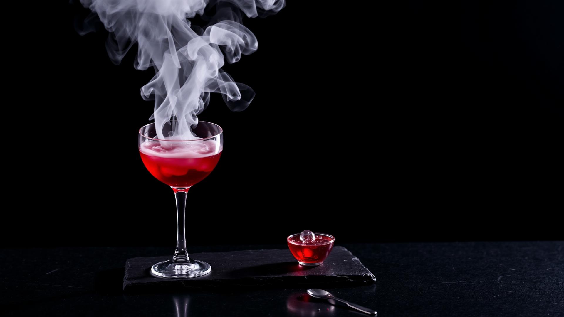 Smoking molecular cocktail with dry ice vapour cascading over a dark slate bar