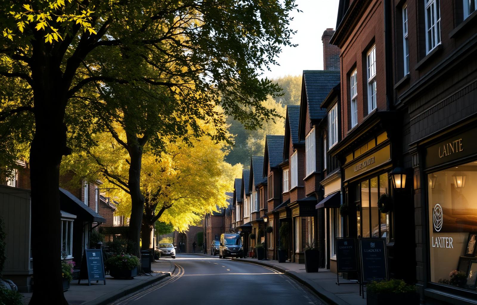 Leafy Alderley Edge village high street with luxury boutiques at golden hour