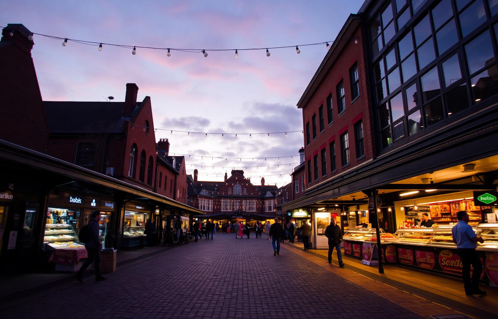 Altrincham market town square with festoon string lights at dusk