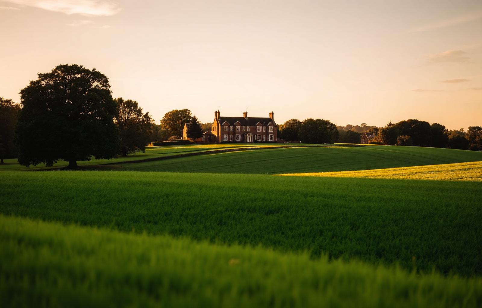 Cheshire countryside estate at golden hour with rolling green fields