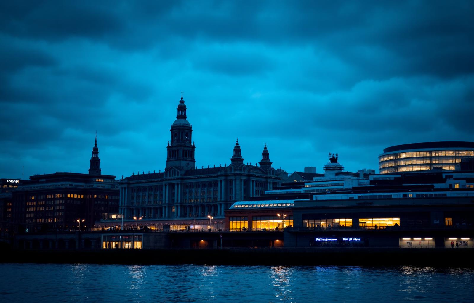 Liverpool waterfront and Royal Liver Building at blue hour