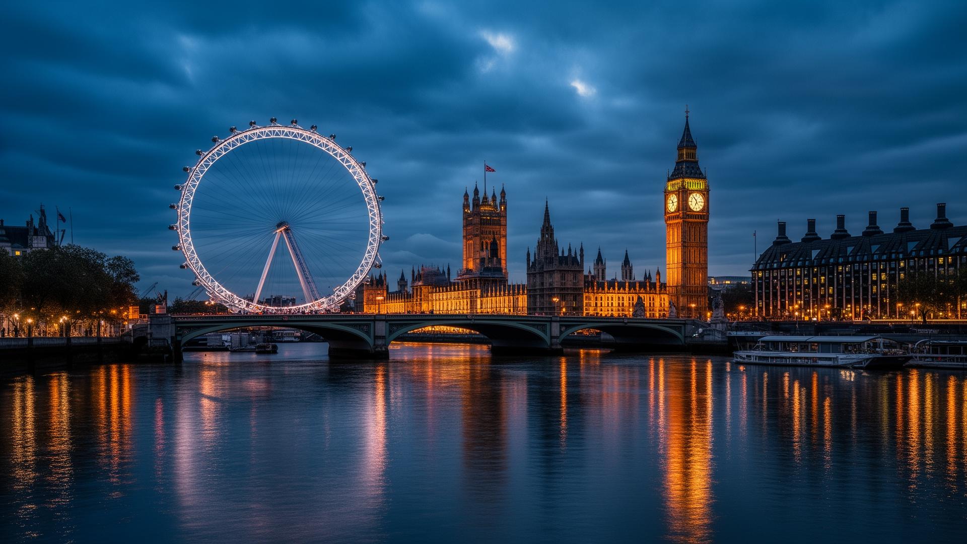 London skyline at blue hour with Big Ben, the London Eye and the Houses of Parliament reflected in the River Thames