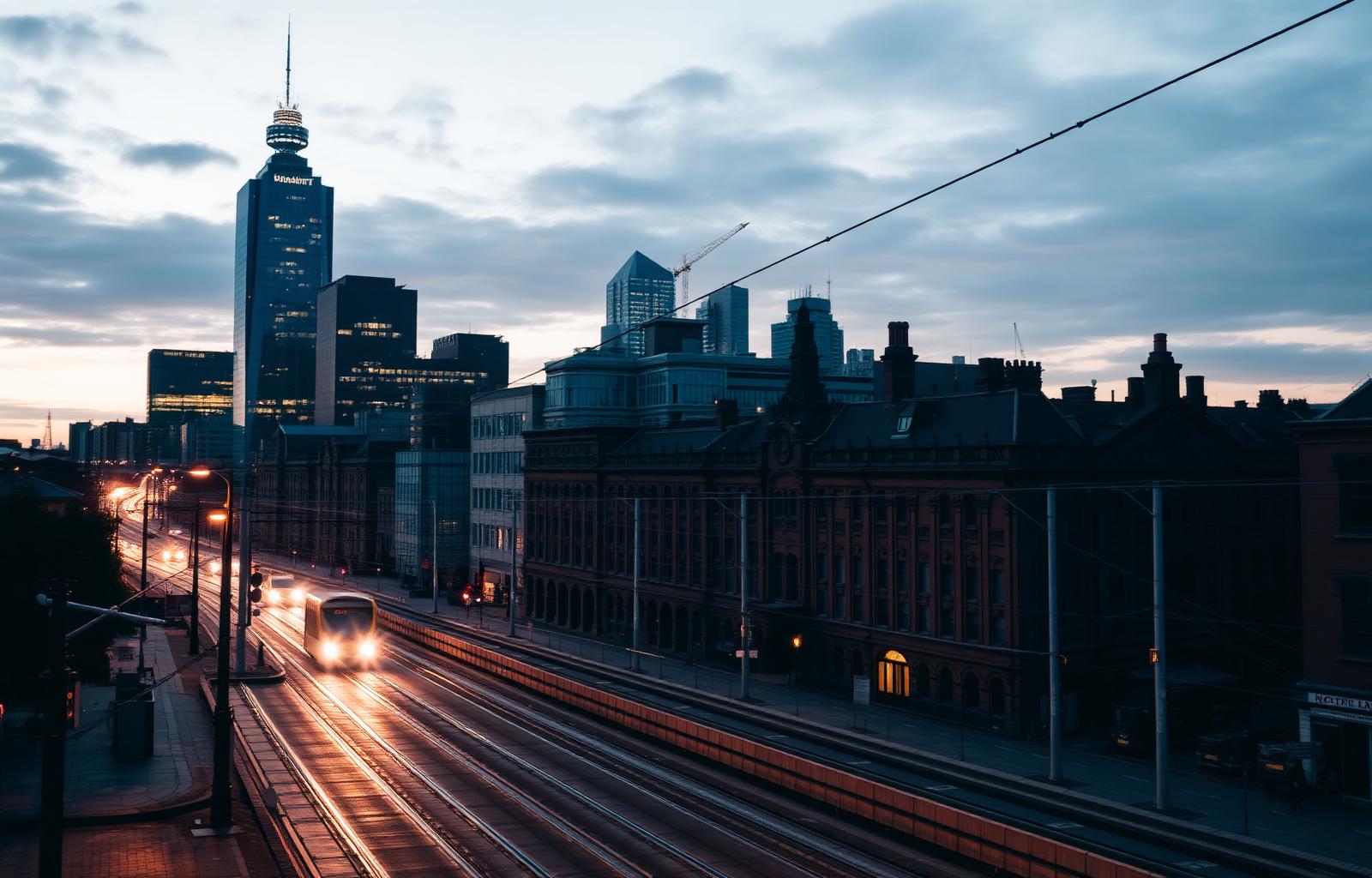 Manchester city skyline at dusk with tram tracks and Victorian warehouses