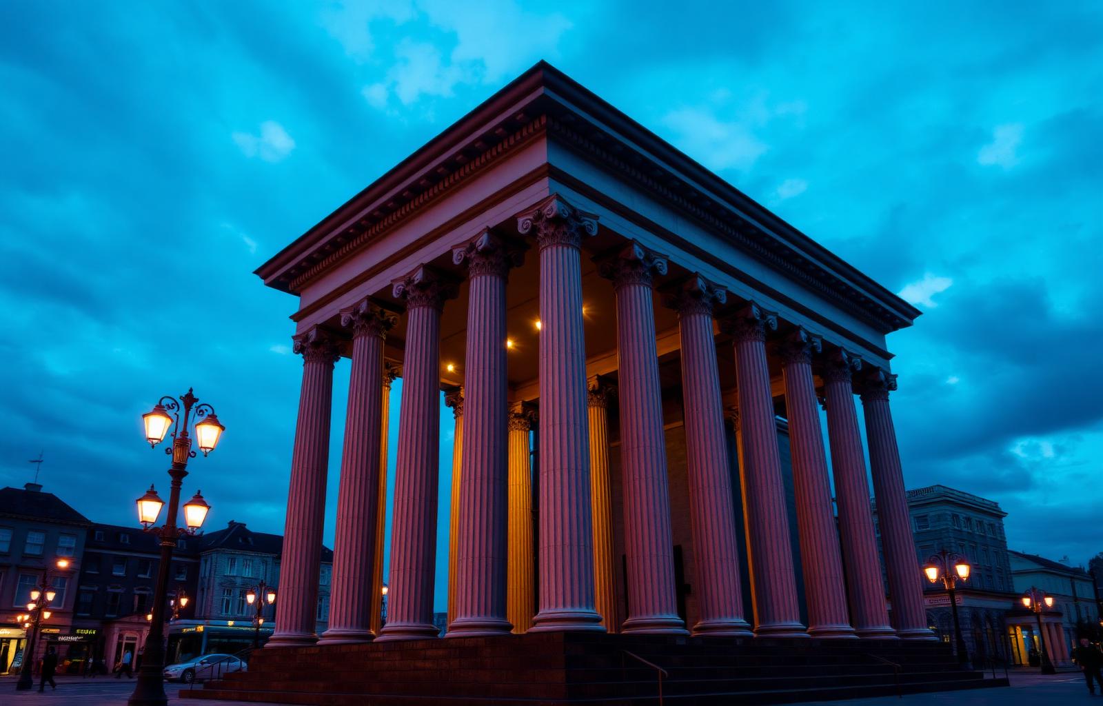 Preston Harris Museum neoclassical columns lit at twilight