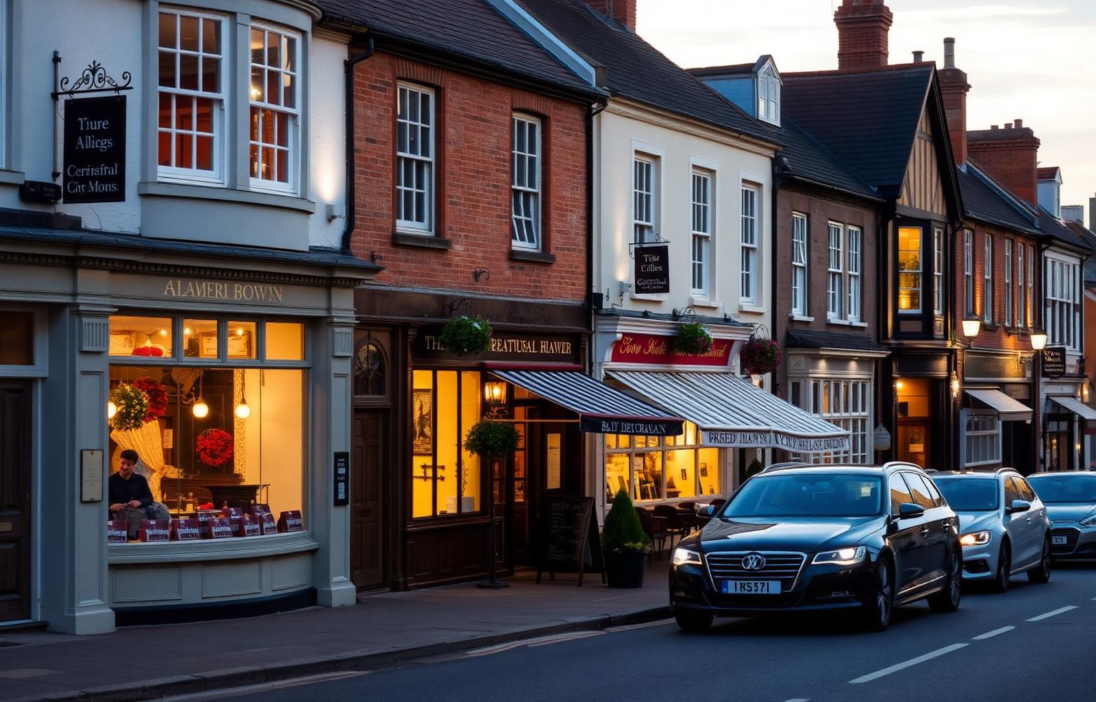 Wilmslow Cheshire village high street with warm evening lights