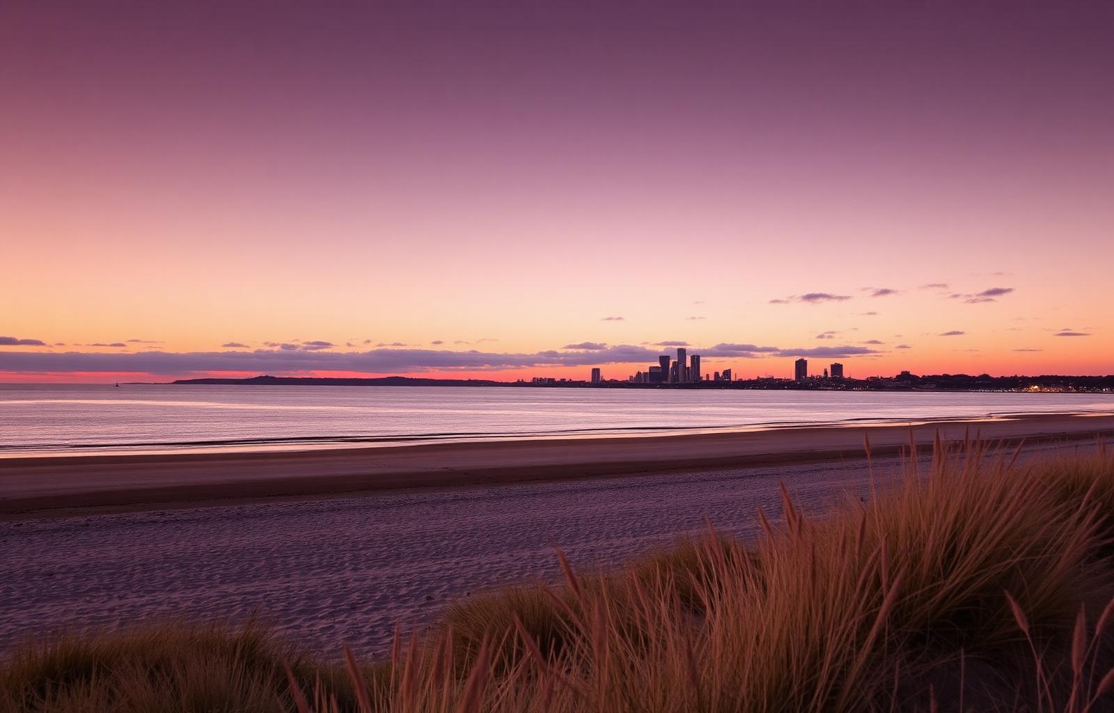 Wirral coastline at sunset with Liverpool skyline across the Mersey